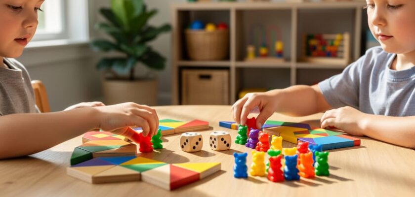 Two preschool children at a low table using wooden pattern blocks, colorful counting bears, and dice with pips; their hands in sharp focus with a softly blurred classroom corner in natural daylight.