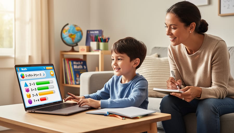 Child working on laptop with online math program while parent assists in homeschool setting