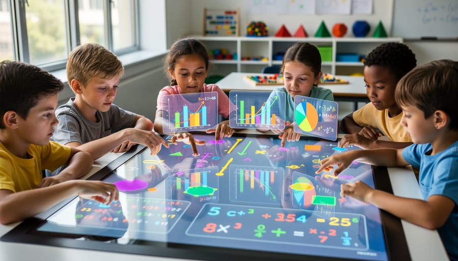 Close-up of child's hands interacting with colorful math shapes on tablet screen