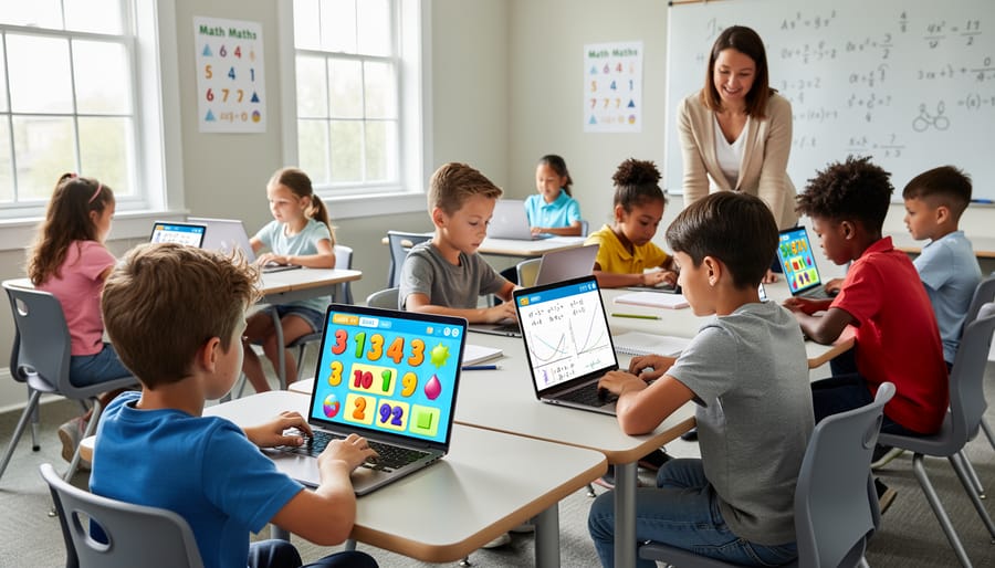 Three children of different ages working independently on math lessons using various devices at home