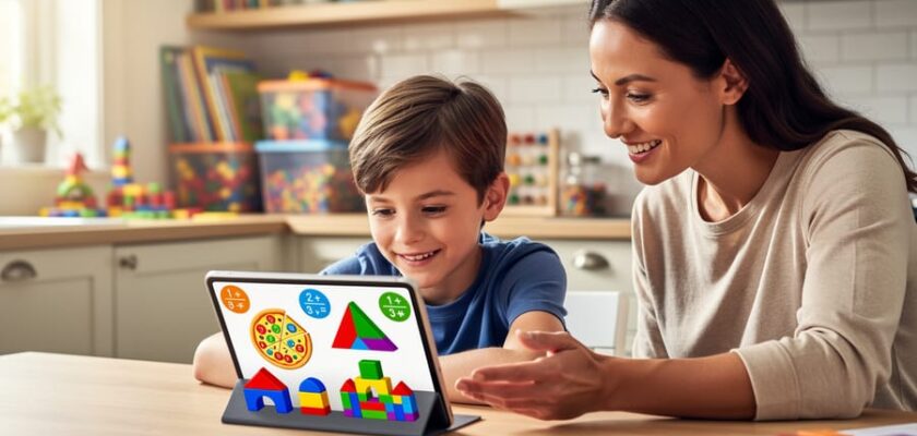 Elementary-age child learning math on a tablet at a kitchen table with a supportive parent nearby, bright morning light, colorful fraction pizzas and geometric blocks on the screen, blurred homeschool supplies and bookshelf in the background.