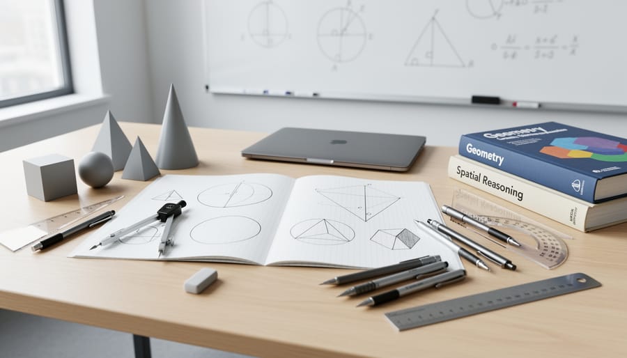 Geometry tools and geometric solids arranged on a homeschool desk beside a blank sketchbook