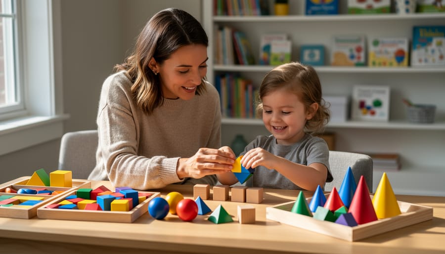 A parent and child using pattern blocks and a geoboard on a homeschool table