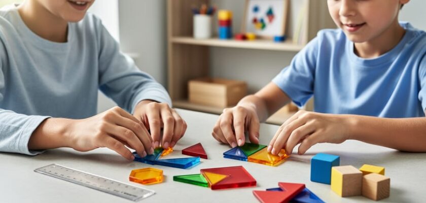 Parent and child working with transparent shape tiles and tangrams on a homeschool table with a ruler and measuring blocks nearby.