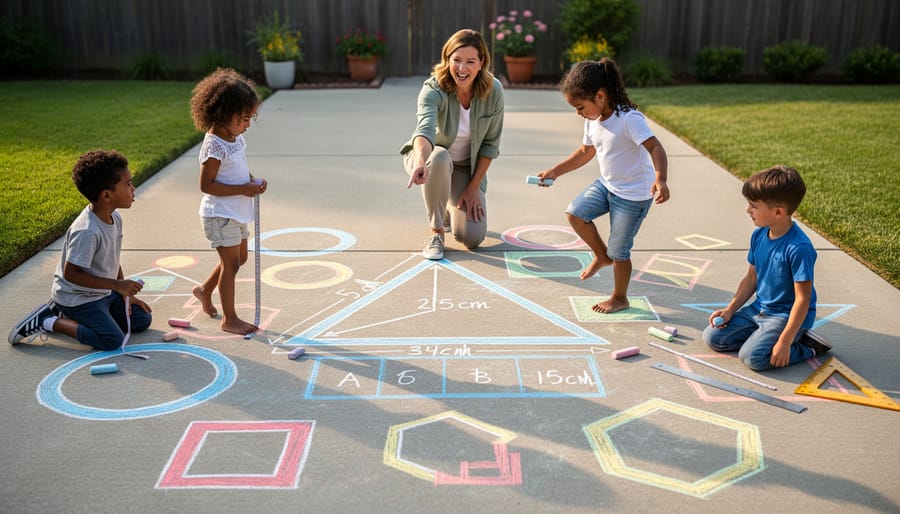 Child drawing geometric shapes with sidewalk chalk outdoors during homeschool learning