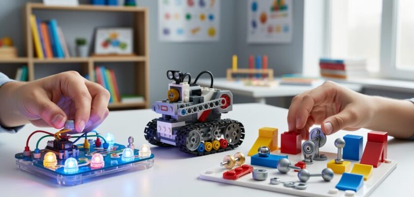 Child hands interacting with electronics, robotics, and physics STEM toy sets on a bright tabletop under soft natural light.