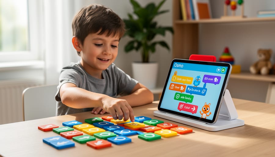 Child placing physical coding pieces on a desk mat beside a tablet for Osmo coding play.