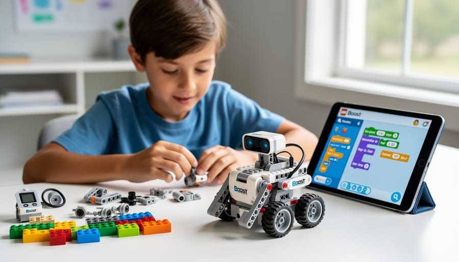Child’s hands building a LEGO Boost robot model with visible LEGO components on a tabletop.