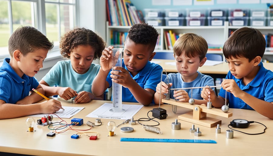 Child working on a physics experiment with a hands-on kit on a classroom table.