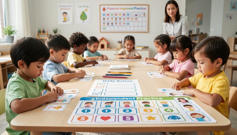 Close-up of math learning materials like a pencil and number cards next to a tablet showing colorful shapes with no readable text.