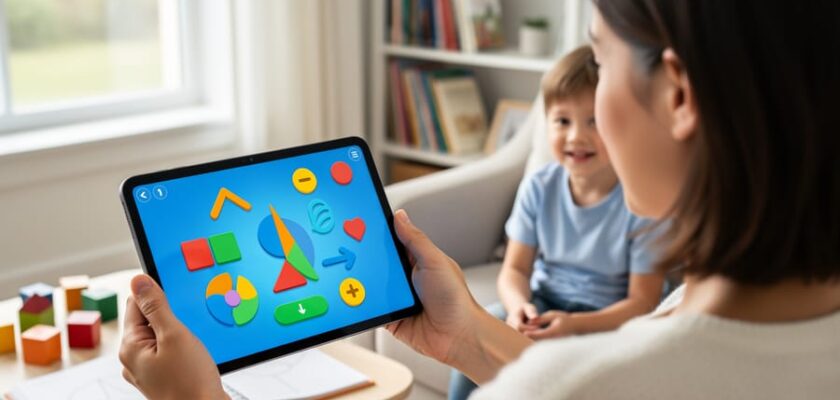 Parent and child using a tablet at home to practice interactive math learning for elementary homeschooling.