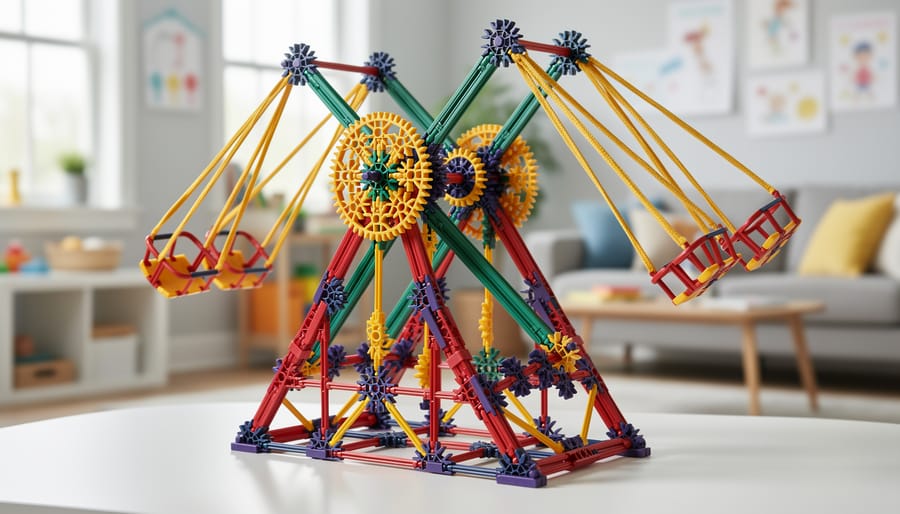 K'NEX swing ride model with visible gears and pulleys assembled on a table.