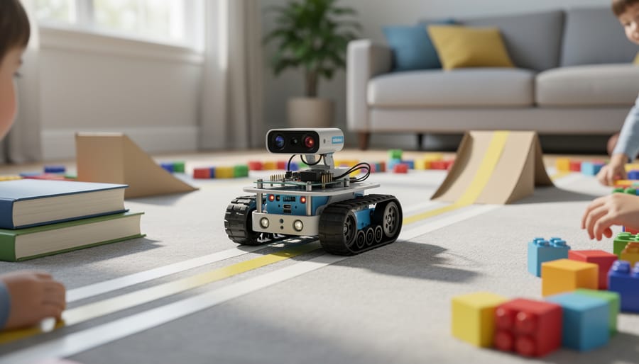 Makeblock mBot Ranger robot positioned on the floor with small obstacles nearby.