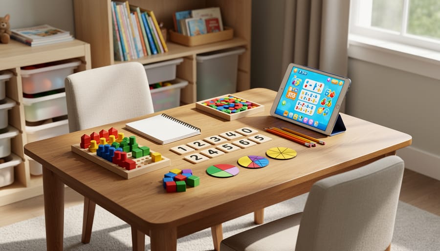 Parent and child using base-ten blocks and other math manipulatives during a homeschool math activity at a table with a tablet nearby.