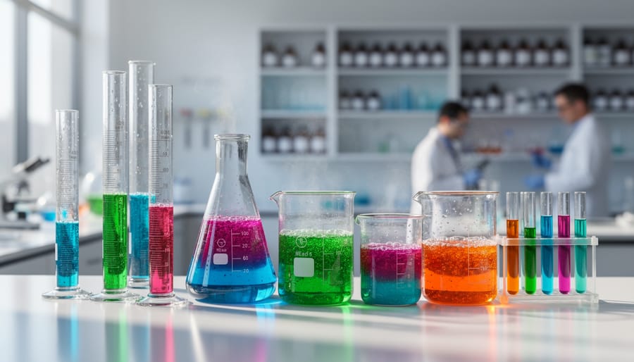 Science experiment setup with test tubes and colorful reaction in transparent containers on a table.