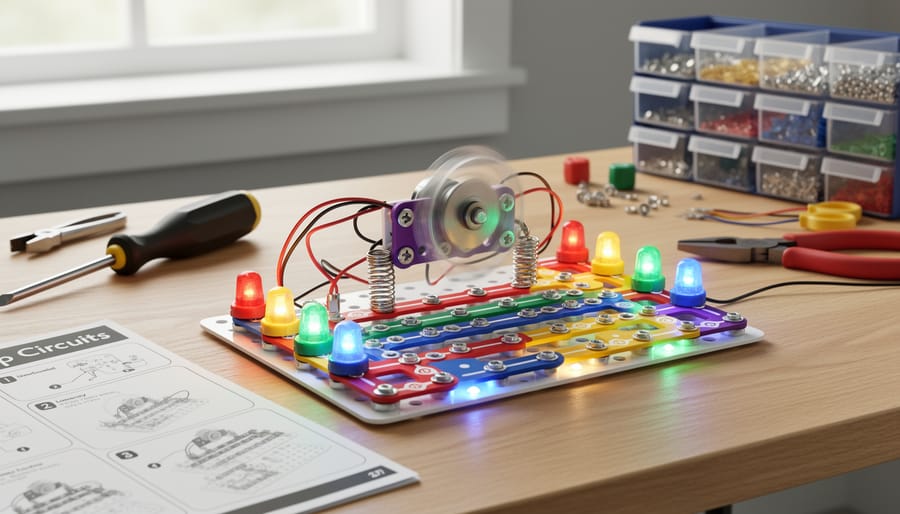 Snap Circuits Pro electronics project assembled with visible snap-together components on a workbench.