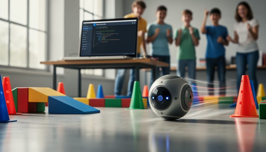 Sphero BOLT robot ball rolling through an obstacle setup with a smartphone nearby held out of focus.