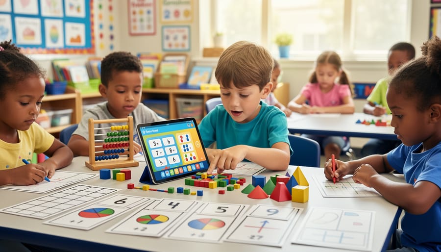 Tablet beside physical fraction strips and a wooden number line in a homeschool learning space.