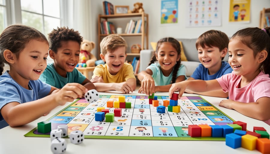 A child rolls dice and moves a game piece across a board game while counting cubes sit within reach.