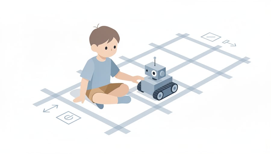 A small robot toy moves along a grid path made with painter’s tape while a parent points to the next step.