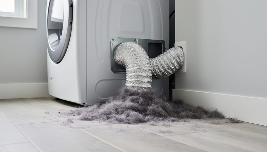 Home exterior dryer vent flap area with lint-like debris gathered around the vent opening
