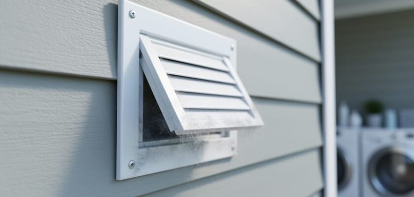 Exterior dryer vent flap on a house with lint-like debris gathered around the vent opening.