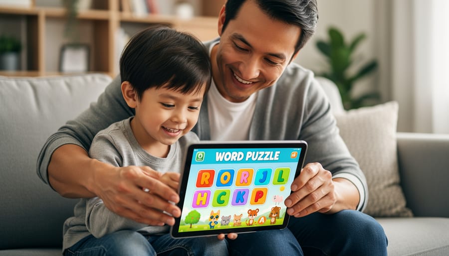 Child and parent smiling while playing a digital word search on a tablet at a dining table