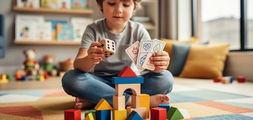 A kindergartener playing a wooden dice counting game while building a block structure on a colorful rug at home