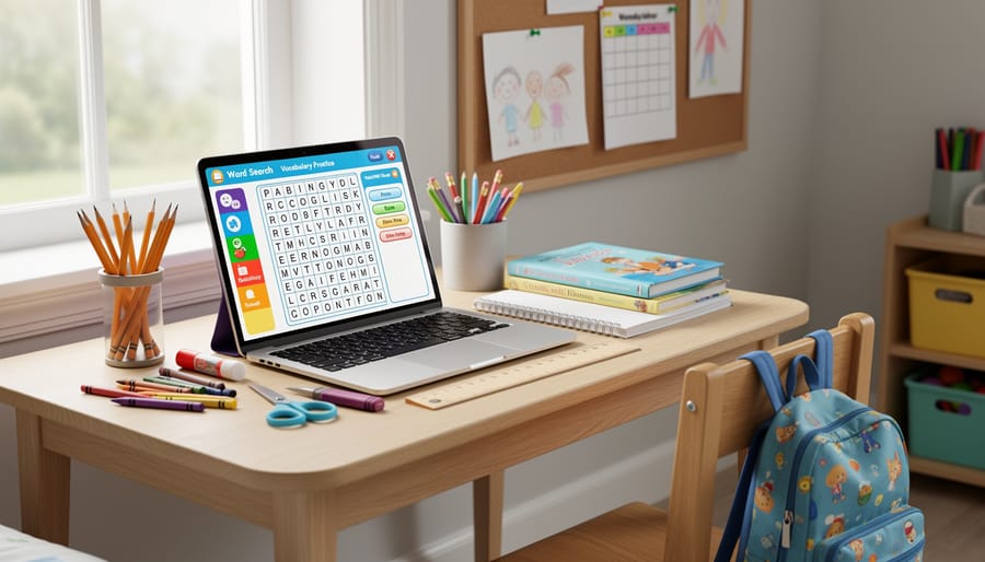 Child learning desk with a tablet and smartphone beside a notebook and pencil