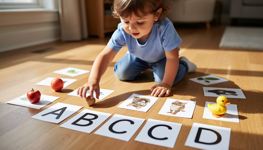 A child kneels on a living-room floor holding a letter card while nearby picture objects are part of a letter-sound treasure hunt.