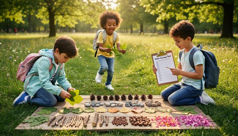 A child kneels in a garden sorting leaves, stones, and sticks into compartments.