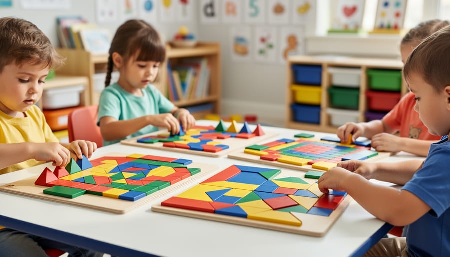 Colorful pattern blocks are arranged into a shape by a child’s hands on a felt mat.