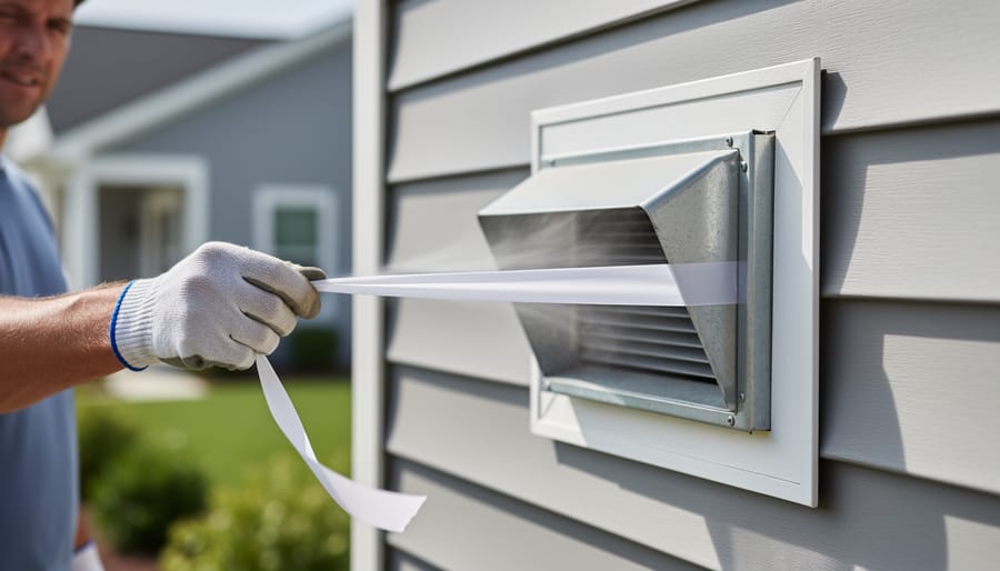Lightweight ribbon fluttering near an exterior dryer vent opening to demonstrate airflow