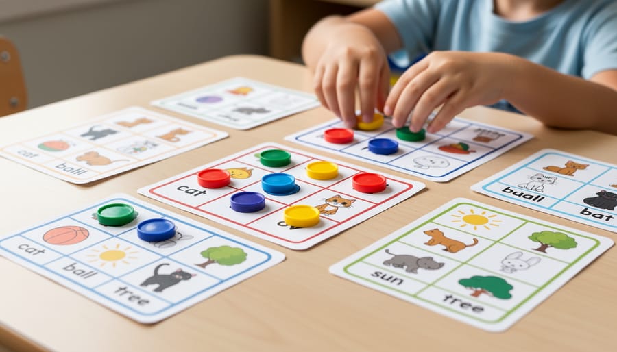 A child uses colorful chips on a bingo board during a sight-word style game with picture cards.