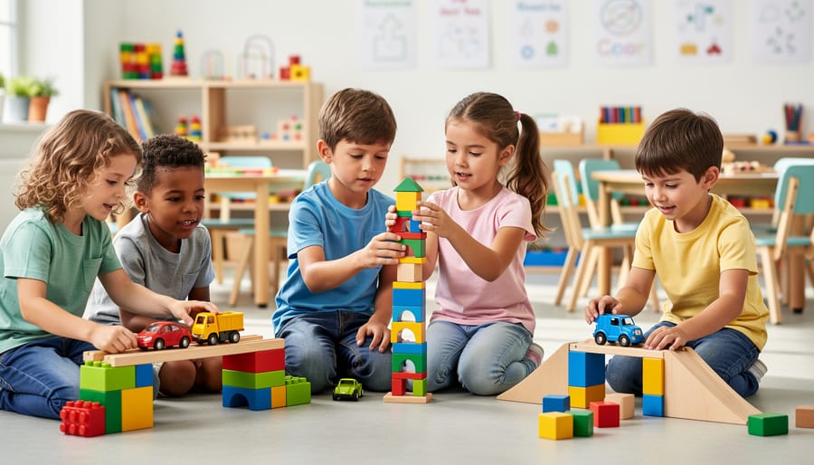 Children build a tall block tower with a small toy bridge and car on a tabletop.