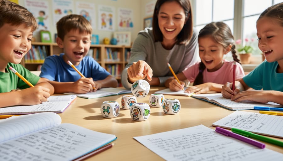 A child rolls chunky story dice on a table with crayons nearby for making stories.