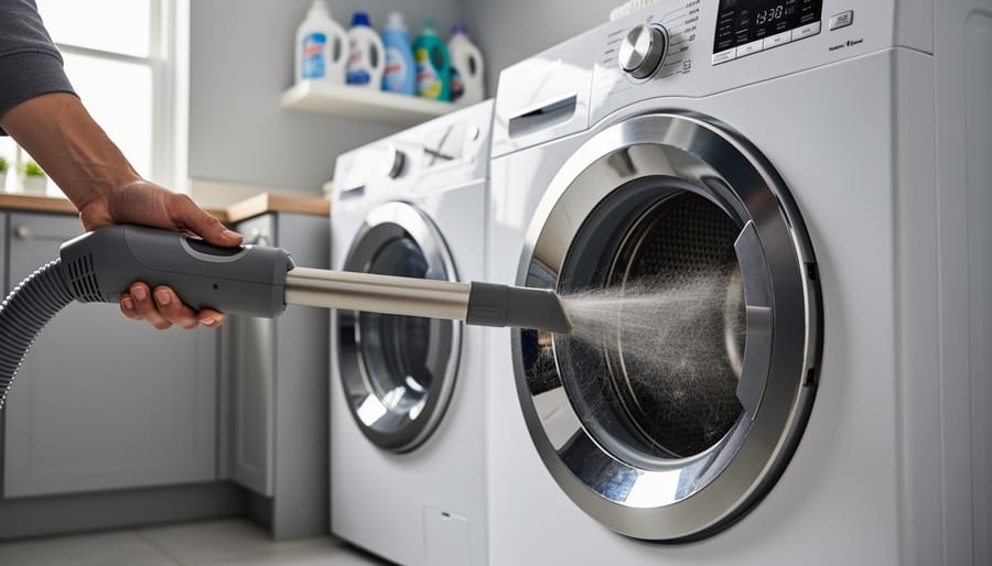 Person vacuuming lint from inside a dryer opening using a hose attachment