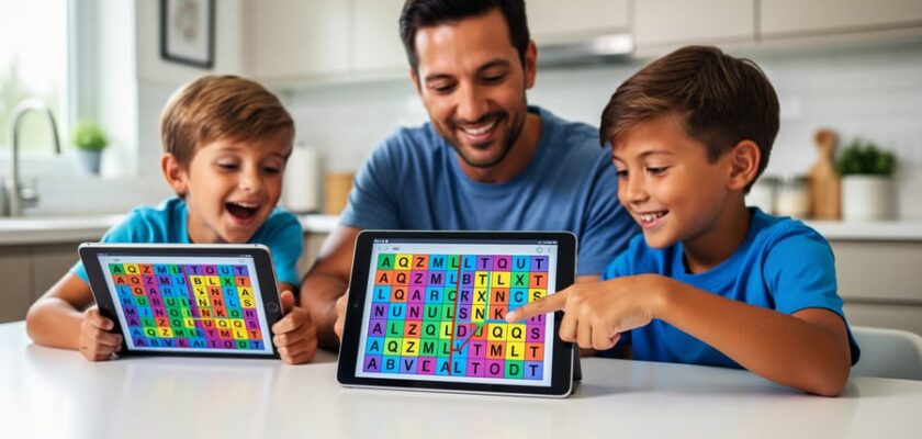 Parent and two children sitting at a kitchen table using tablets to play an online word search together.