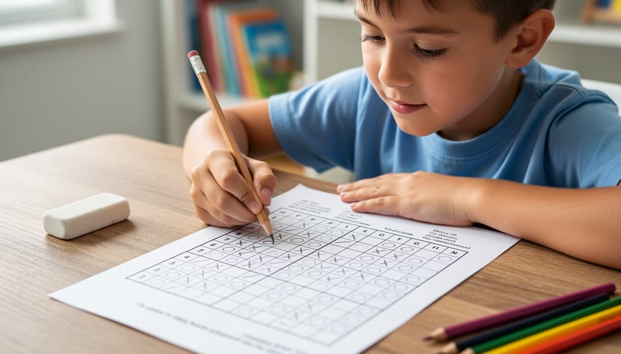 Child’s hands drawing pencil marks on a 3×3 logic grid puzzle worksheet on a wooden desk