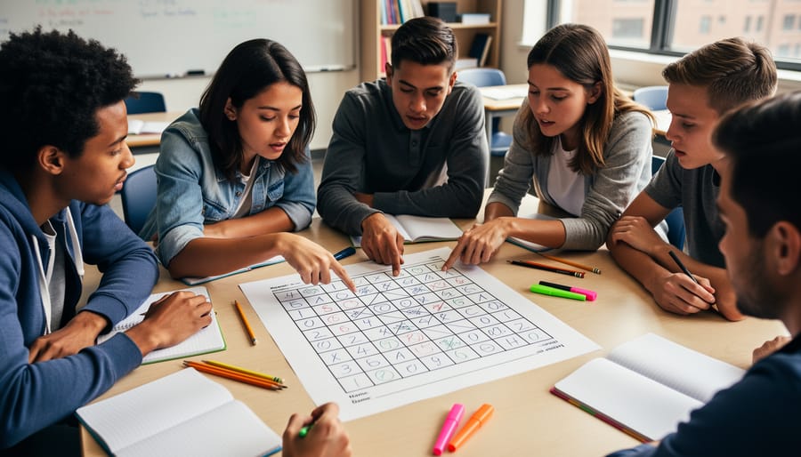 Group of students collaborating at a table while working on an advanced 4×4 logic grid worksheet