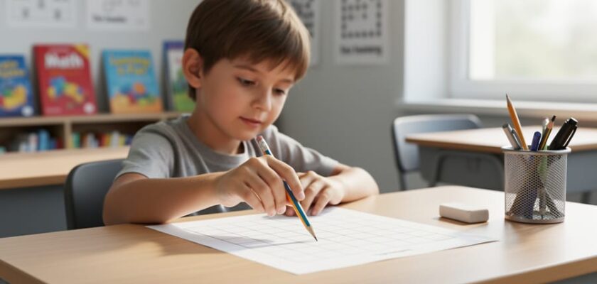 A fourth-grade student working on a logic puzzle at a classroom desk with pencils and a worksheet grid, using systematic reasoning.