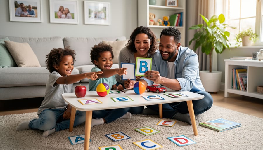 Child and parent playing an alphabet scavenger hunt with letter cards and toys on a rug