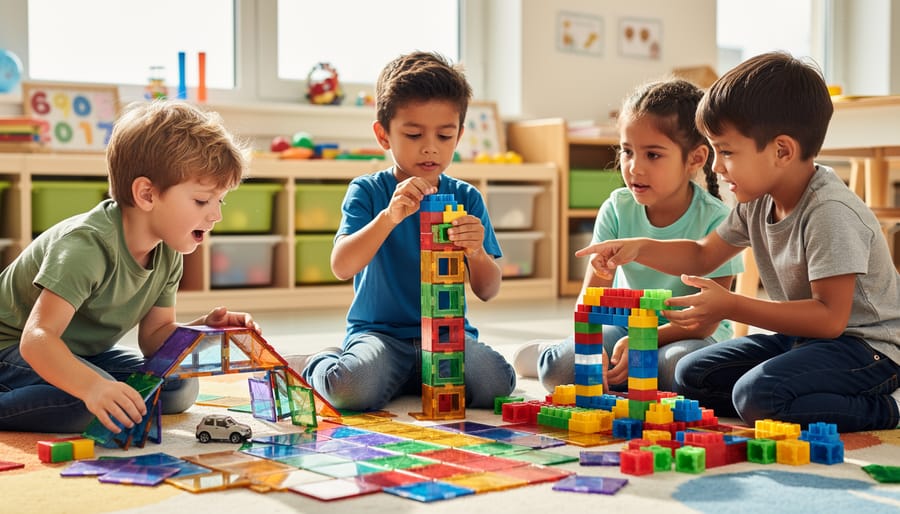 Child building with blocks and tiles while a parent helps during a construction challenge
