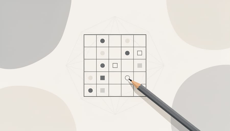 Close view of a child’s pencil hovering over a Sudoku puzzle sheet during solving
