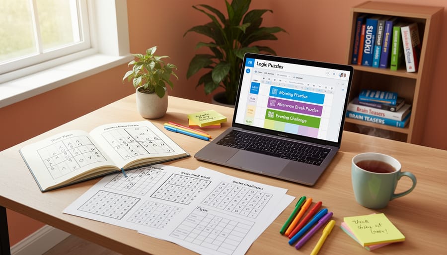Bright study desk with a workbook and puzzle materials in a child-friendly learning space
