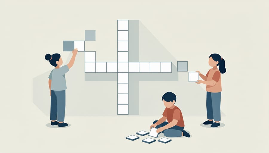 Child hands creating a jumbo crossword on blank graph paper with pencil and ruler.
