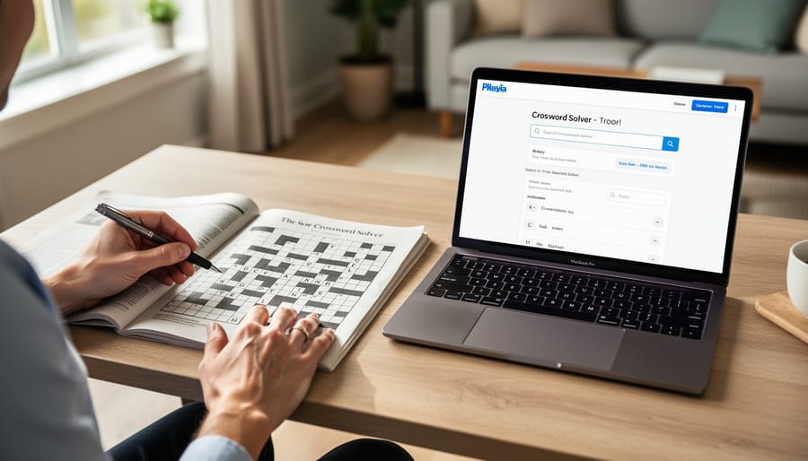 Smartphone and tablet next to a printed crossword puzzle page showing an unreadable bright screen glow