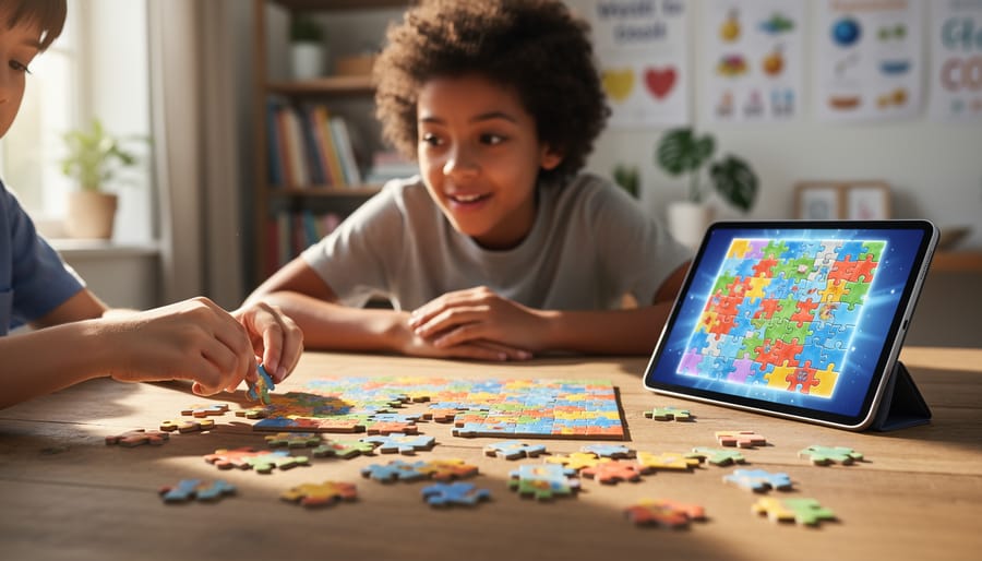 Child playing a jigsaw puzzle on a tablet with physical puzzle pieces on the table nearby.