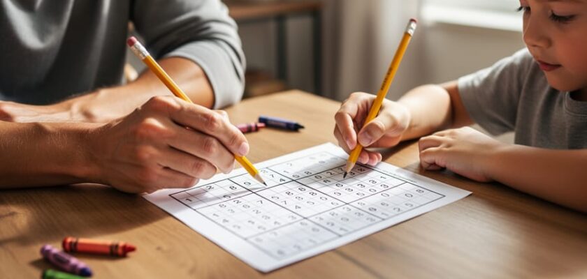 “Parent and child working together with a printed Sudoku puzzle on a table using pencils.”