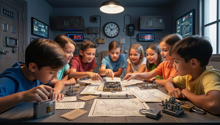 Children collaborating in an escape room-like classroom with a padlock and puzzle materials